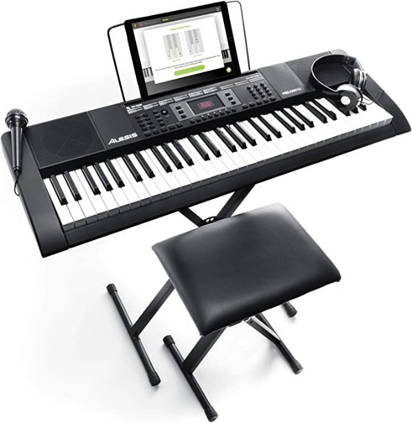 Melody 61 MKII | 61 Key Portable Keyboard with Built In Speakers, Headphones, Microphone, Piano Stand, Music Rest and Stool