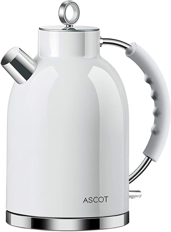 Electric Kettle, ASCOT Stainless Steel Electric Tea Kettle, 1.7QT, 1500W, BPA-Free, Cordless, Automatic Shut-off, Fast Boiling Water Heater - White