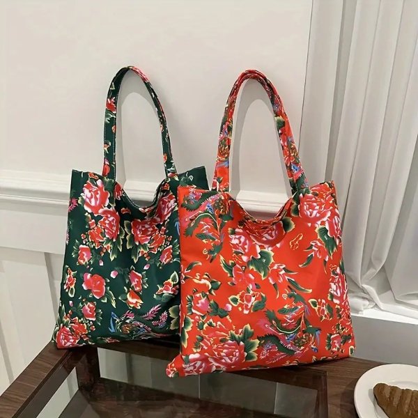 New Chinese Northeast Flower Pattern Shoulder Bag, Novelty Design Daily Use Handbag For Women, Lightweight Shopping Bag