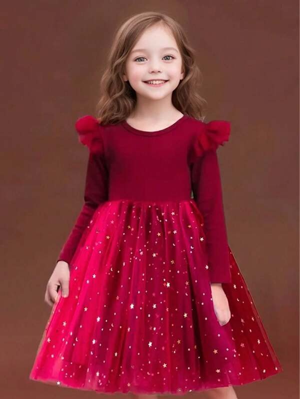 1pc Toddler Girls' Lovely Elegant Velvet Long Sleeve Star & Moon Sequin Tulle Party Dress For Autumn/Winter