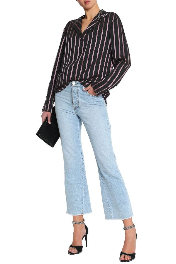 Crystal-embellished striped satin-trimmed chambray shirt