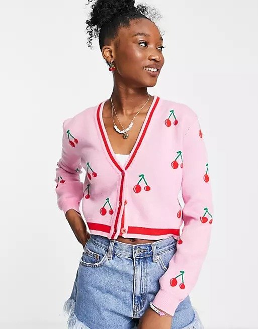 V neck knitted cardi with cherry embroidery in pink and red