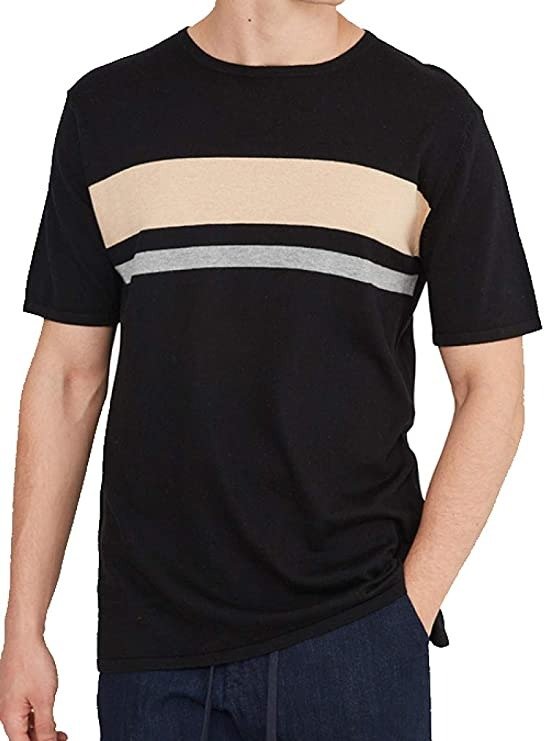 Fusio Men's Crew Neck Jersey Cotton Cashmere Stripe T-Shirt Breathable Short Sleeve Sweater