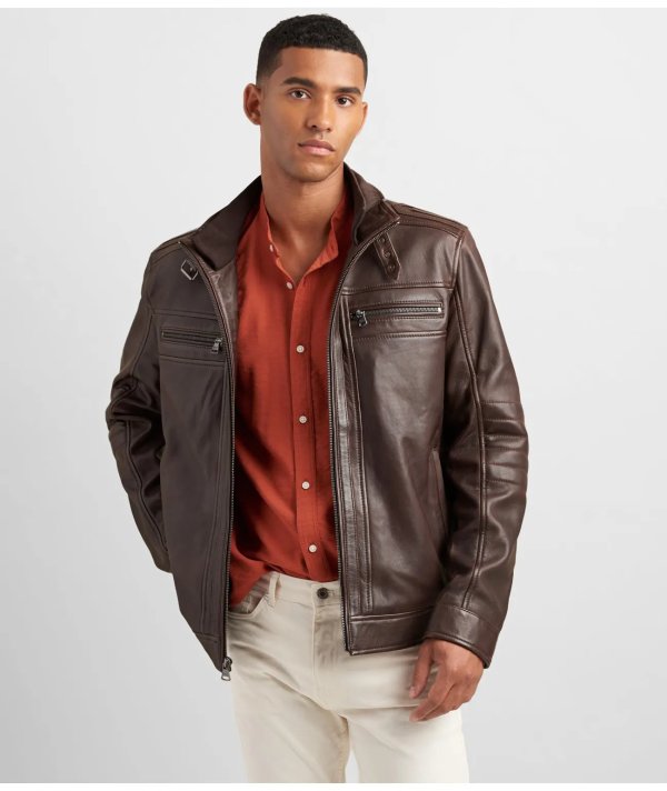 Leather Racer Jacket With Rib Knit Trim