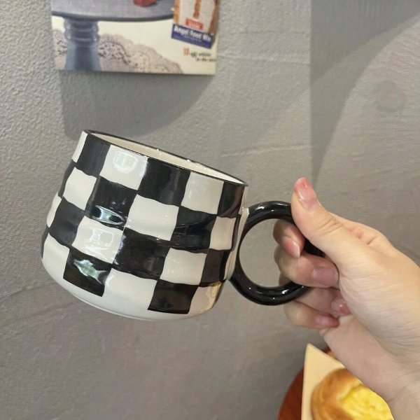 黑白格陶瓷咖啡杯 380ml 