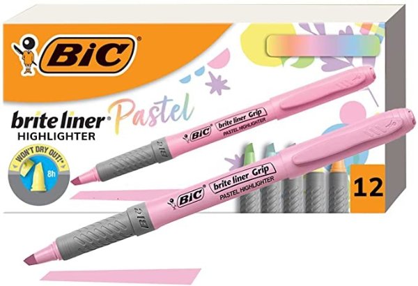 Brite Liner Grip Pastel Highlighter Set, Chisel Tip, 12-Count Pack of Pastel Highlighters in Assorted Colors, Cute Highlighters for Bullet Journal Exercises, Note Taking and More