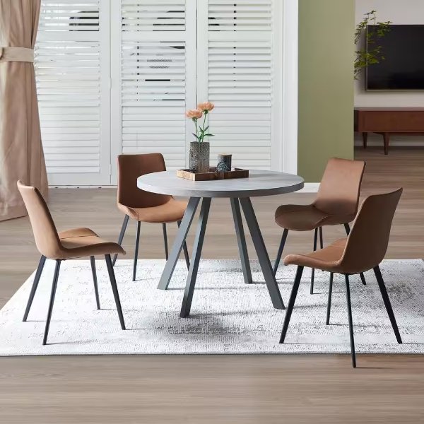 5-Piece Gray Round Dining Table Set Modern MDF Dining Table and 4 Brown Dining Chairs