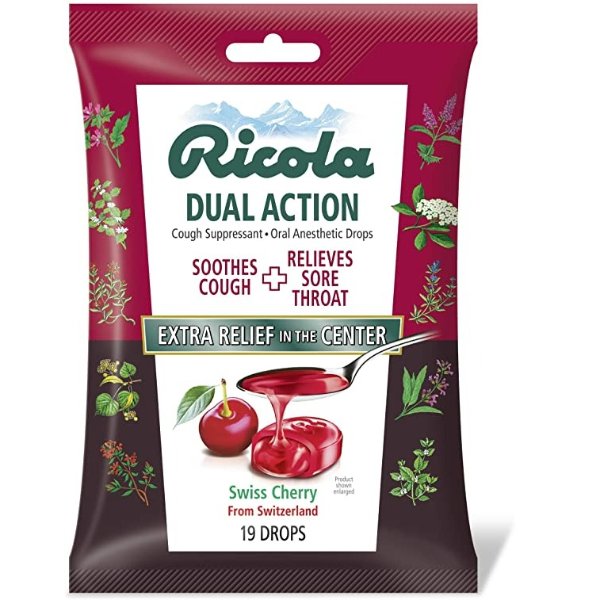 Dual Action Swiss Cherry Cough Suppressant & Oral Anesthetic Throat Drops 19 Drops, Fights Coughs Naturally, Soothes Throats
