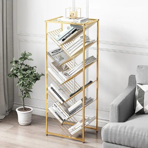Mid-Century Rectangular Bookshelf Metal Gold Bookcase with Shelves-Homary