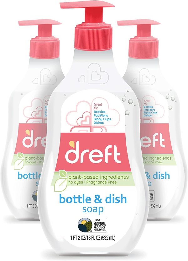Baby, Bottle and Dish Soap, Removes Milk Film & Odor, Plant Based, Fragrance Free, 18 Fl Oz (Pack of 3, 54 Total Ounces)