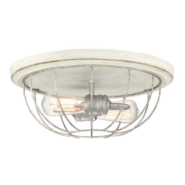 15.75 in 2-Light Galvanized Flush Mount with Antique White Wood Accents and Open Cage Frame