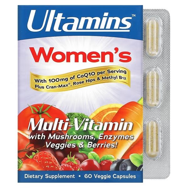 Ultamins Women's Multivitamin with CoQ10, Mushrooms, Enzymes, Veggies & Berries, 60 Veggie Capsules