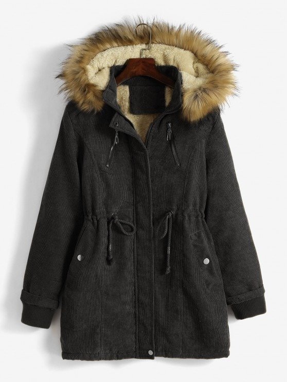 Fluffy Faux Fur Hooded Zip Design Warm Fleece-lined Corduroy Coat BLACK COFFEE