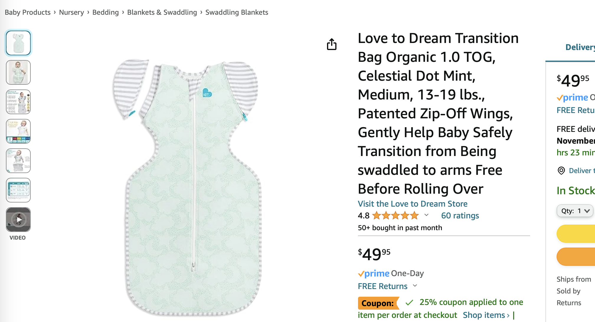Amazon.com: Love to Dream Transition Bag Organic 1.0 TOG, Celestial Dot Mint宝宝睡袋促销 后悔没早点用，睡渣宝宝变睡神 7.5折