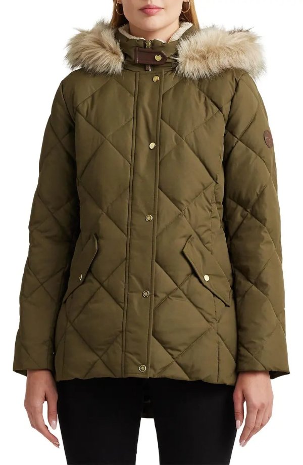 Diamond Faux Fur Trim Quilted Down & Feather Fill Hooded Puffer Coat
