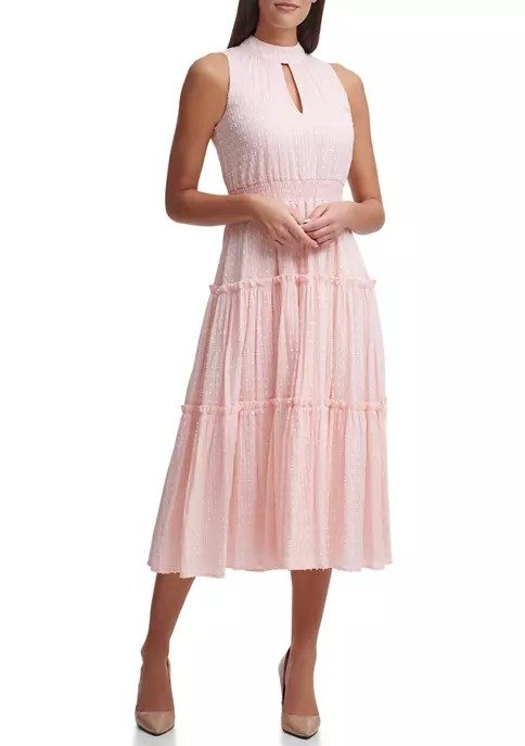 Women's Sleeveless Flair Dot Cotton Stripe Midi Dress
