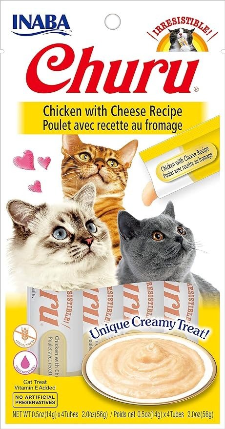INABA Churu Lickable Puree Natural Cat Treats (Chicken with Cheese Recipe, 4 Tubes)