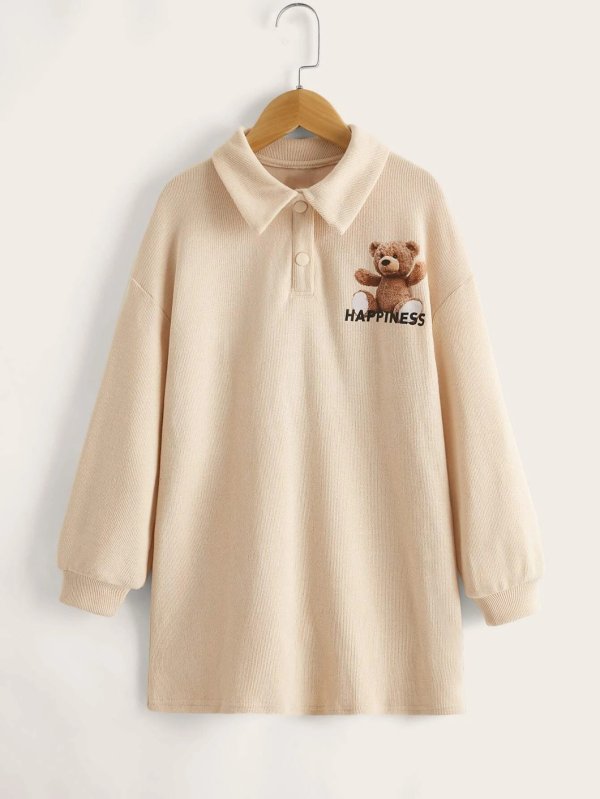Girls Cartoon Bear Graphic Lantern Sleeve Polo Collar Sweatshirt