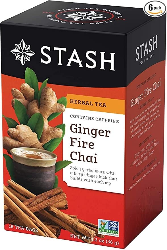 Tea Ginger Fire Chai Herbal Tea - Caffeinated, Non-GMO Project Verified Premium Tea with No Artificial Ingredients, 18 Count (Pack of 6) - 108 Bags Total