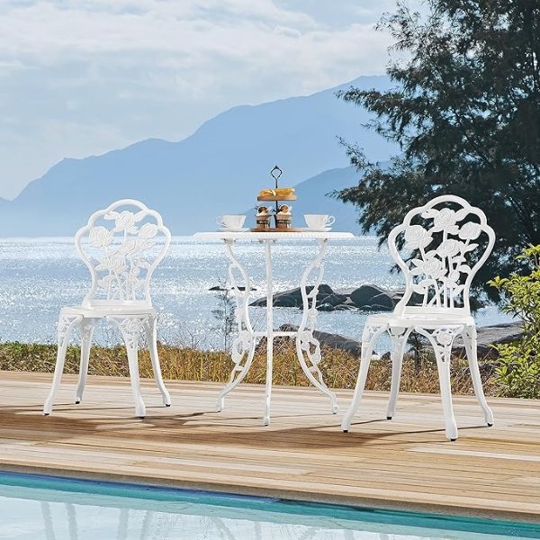 3-Piece Outdoor Bistro Set w/Rose Design, Rust-Resistant Cast Aluminum Table and Chairs w/Umbrella Hole for Balcony Backyard Garden - White