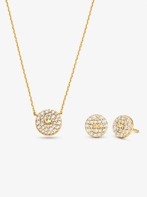 14K Gold-Plated Sterling Silver Pave Logo Disc Earrings and Necklace Set