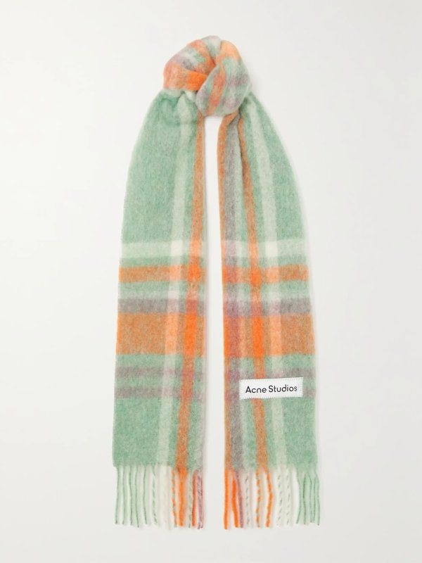 Appliqued fringed checked knitted scarf