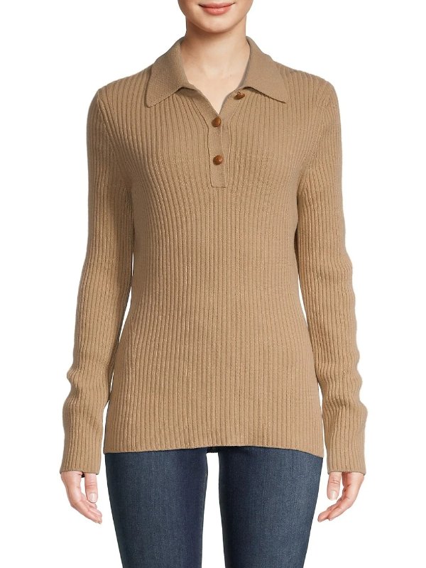 Ribbed Virgin Wool & Cashmere Long-Sleeve Polo
