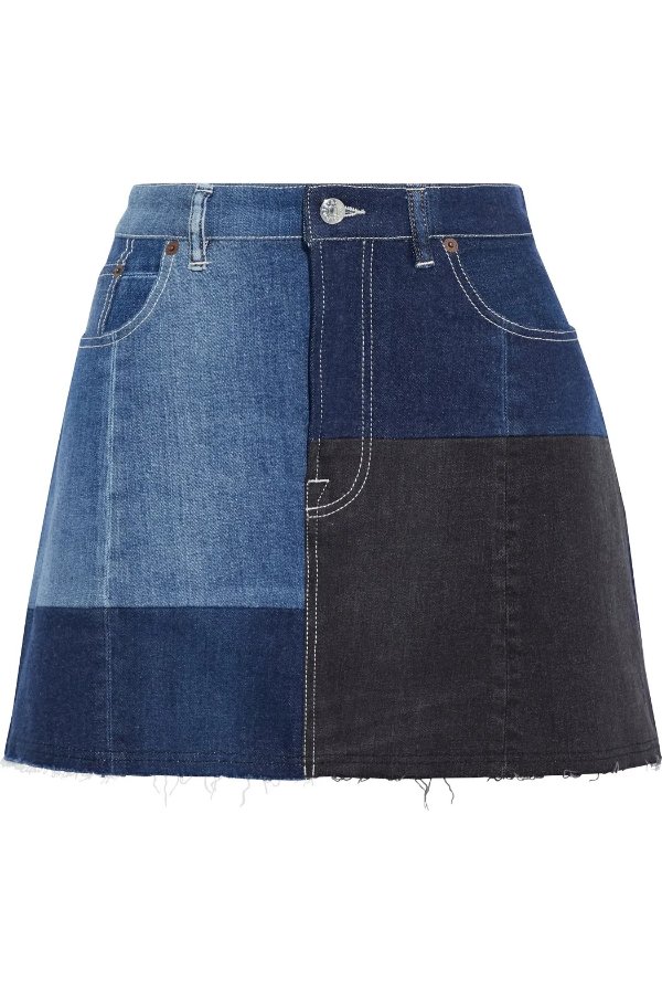 Frayed patchwork denim mini skirt