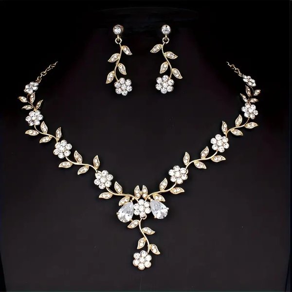 Elegant Zircon Flower Jewelry Set, 3pcs - Silver/Gold Alloy Earrings & Necklace for Daily Chic & Evening Glamour
