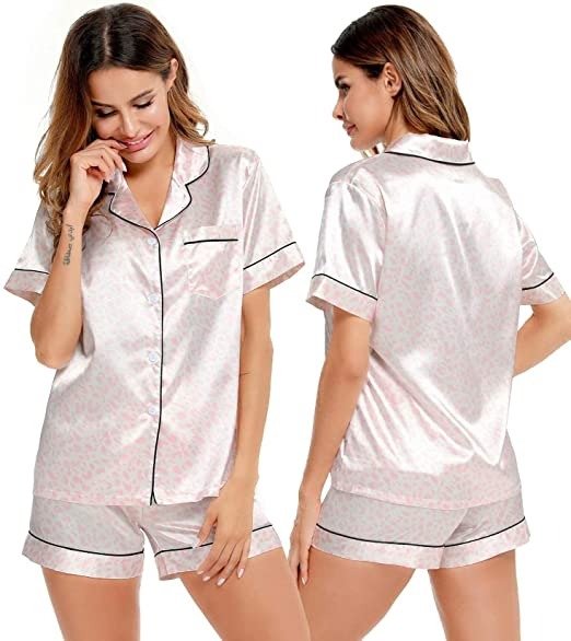 Womens Silk Satin Pajamas Set Two-piece Pj Sets Sleepwear Loungewear Button-Down Pj Sets