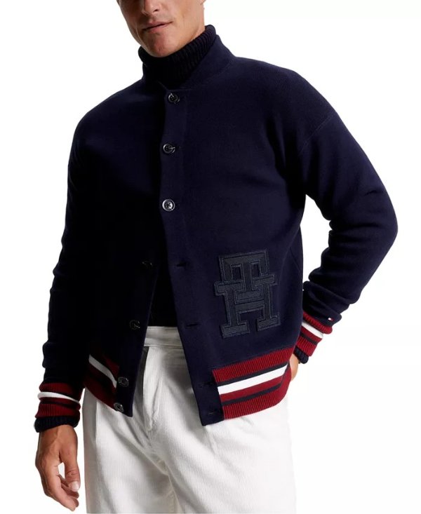 Men's Monogram Logo Applique Knit Varsity Bomber Jacket