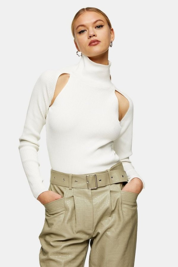 Ivory Spliced Roll Neck Knitted Top | Topshop