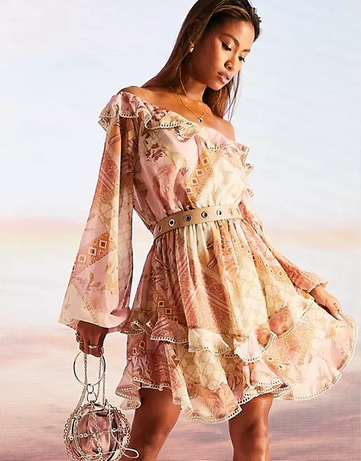 fallen shoulder tiered flippy mini skater dress with lace insert in soft floral print