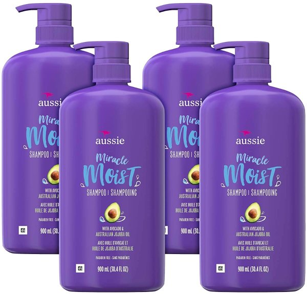 Miracle 保湿洗发水，不含对羟基苯甲酸酯，含有牛油果和荷荷巴油，适用于干发，30.4液体盎司/900毫升（4件）