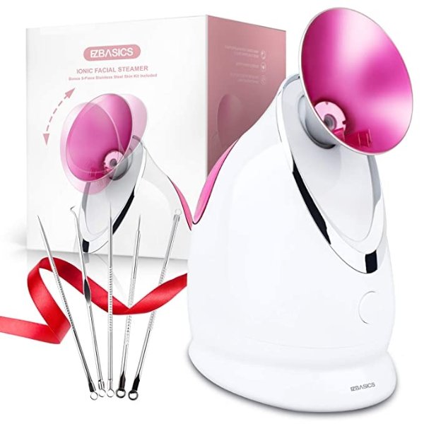 Facial Steamer EZBASICS Ionic Face Steamer for Home Facial, Warm Mist Humidifier Atomizer for Face Sauna Spa Sinuses Moisturizing, Unclogs Pores, Bonus Stainless Steel Skin Kit(Pink)