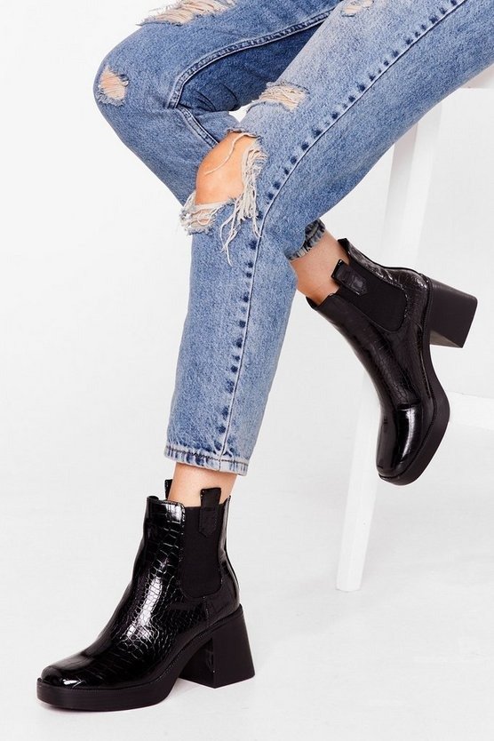 Faux Leather Croc Square Toe Heeled Boots | Nasty Gal