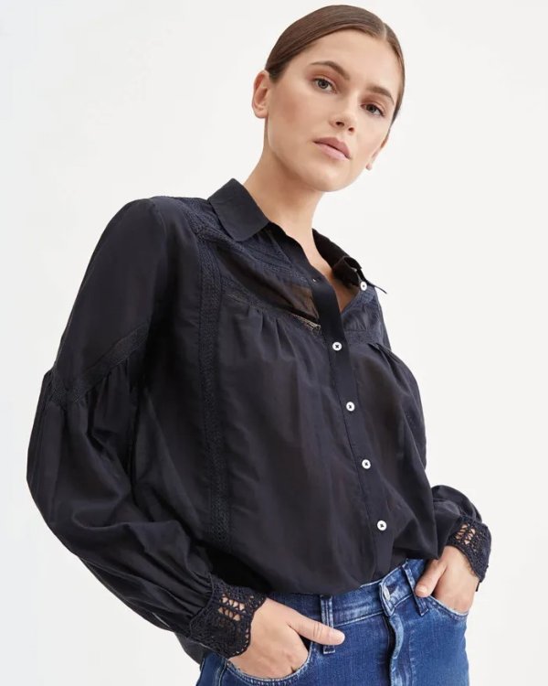 Long Sleeve Vintage Lace Shirt in Jet Black