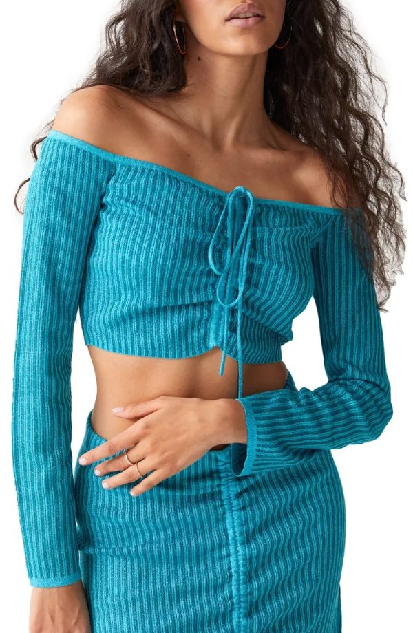 Ribbed Ruched Off the Shoulder Crop Sweater