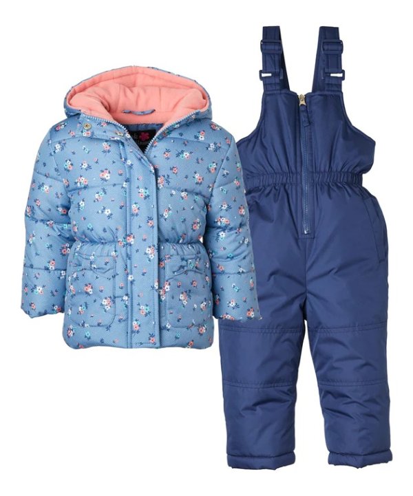 Blue Floral Ditzy Puffer Coat & Navy Bib Overall Snowsuit - Toddler & Girls