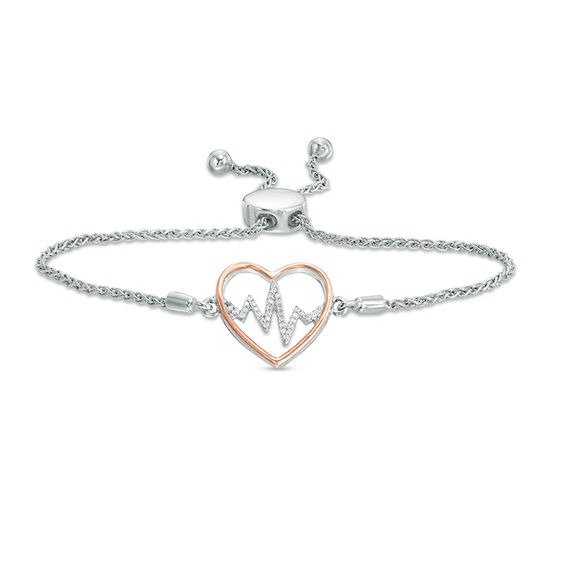 1/10 CT. T.W. Diamond Heartbeat Bolo Bracelet in Sterling Silver and 10K Rose Gold - 9.5&quot;|Zales