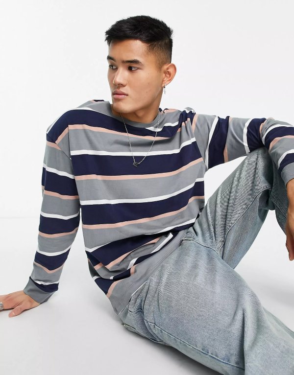 oversized long sleeve striped T-shirt in sage