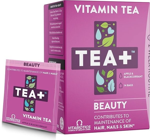 Vitabiotics TEA+ (Tea Plus) 清洁茶-帮助护发皮肤和指甲 | 硒生物素和维生素 C | ***茶-肝脏清洁 | 苹果和黑加仑天然香料 | 14 个茶包