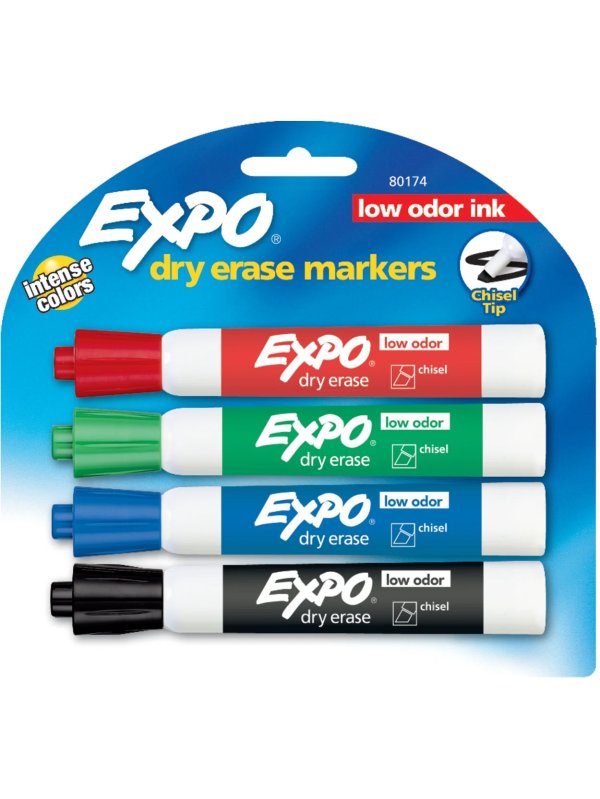 ® Low-Odor Dry-Erase Markers, Chisel Point, Assorted Colors, Pack Of 4 Markers 
