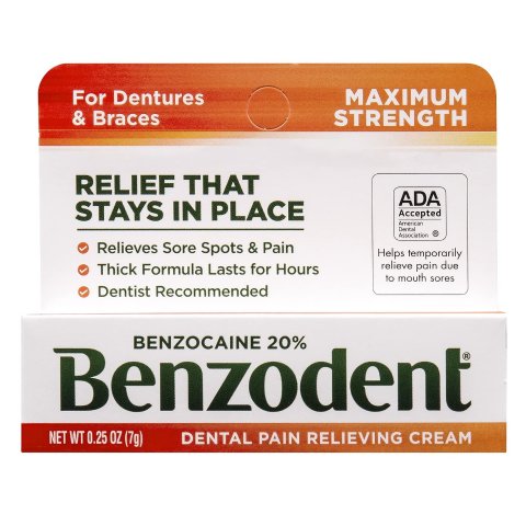 Benzodent Dental Pain Relieving Cream for Dentures and Braces, 0.25 Ounce Tube