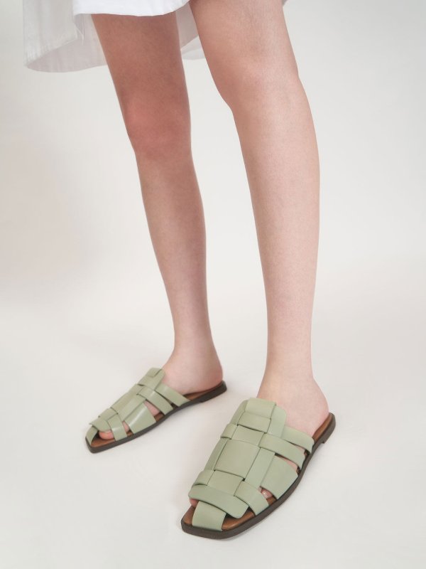 Sage Green Woven Flat Mules | CHARLES &amp; KEITH