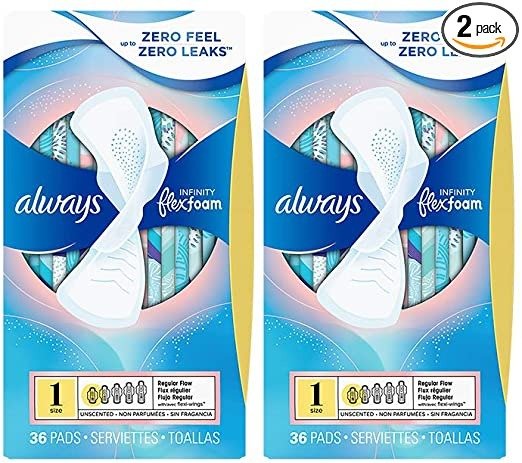 ALWAYS Infinity, Size 1, Regular Sanitary Pads 36 Count (Pack of 2)