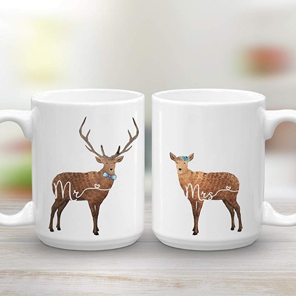 Mr and Mrs Mug Set, Deer Mugs, Large 15oz Two Mug Set, Wedding Engagement Gift, Couples Gift
