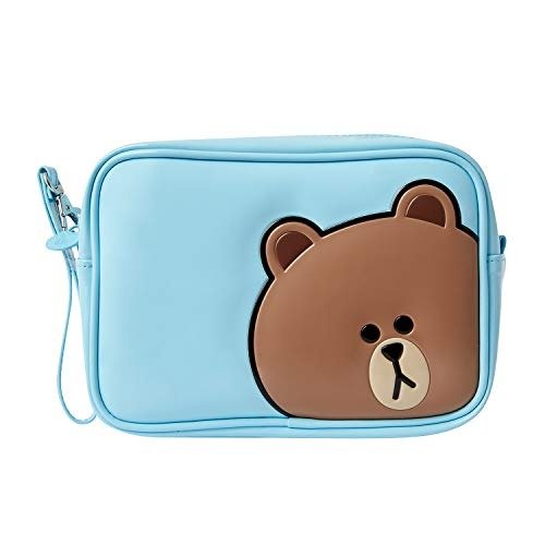 Enamel Cosmetic Bag - BROWN Character Travel Pouch Organizer for Toiletry and Makeup, Sky Blue