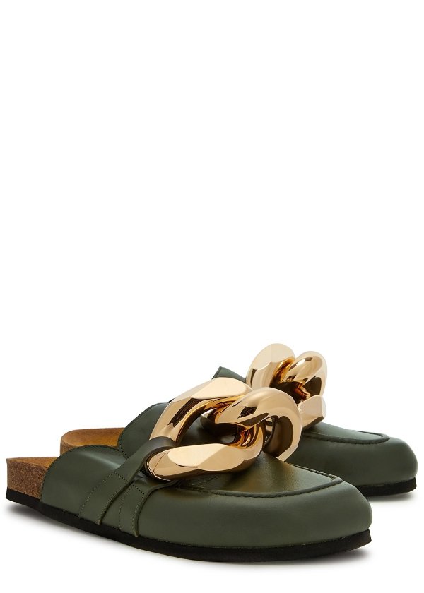 Army green chain-embellished leather mules