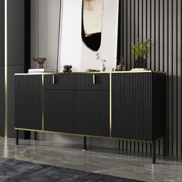 Black Wavy Paint Finish 1-Touch Doors Accent Storage Cabinet With Adjustable Shelves and 2-Drawers